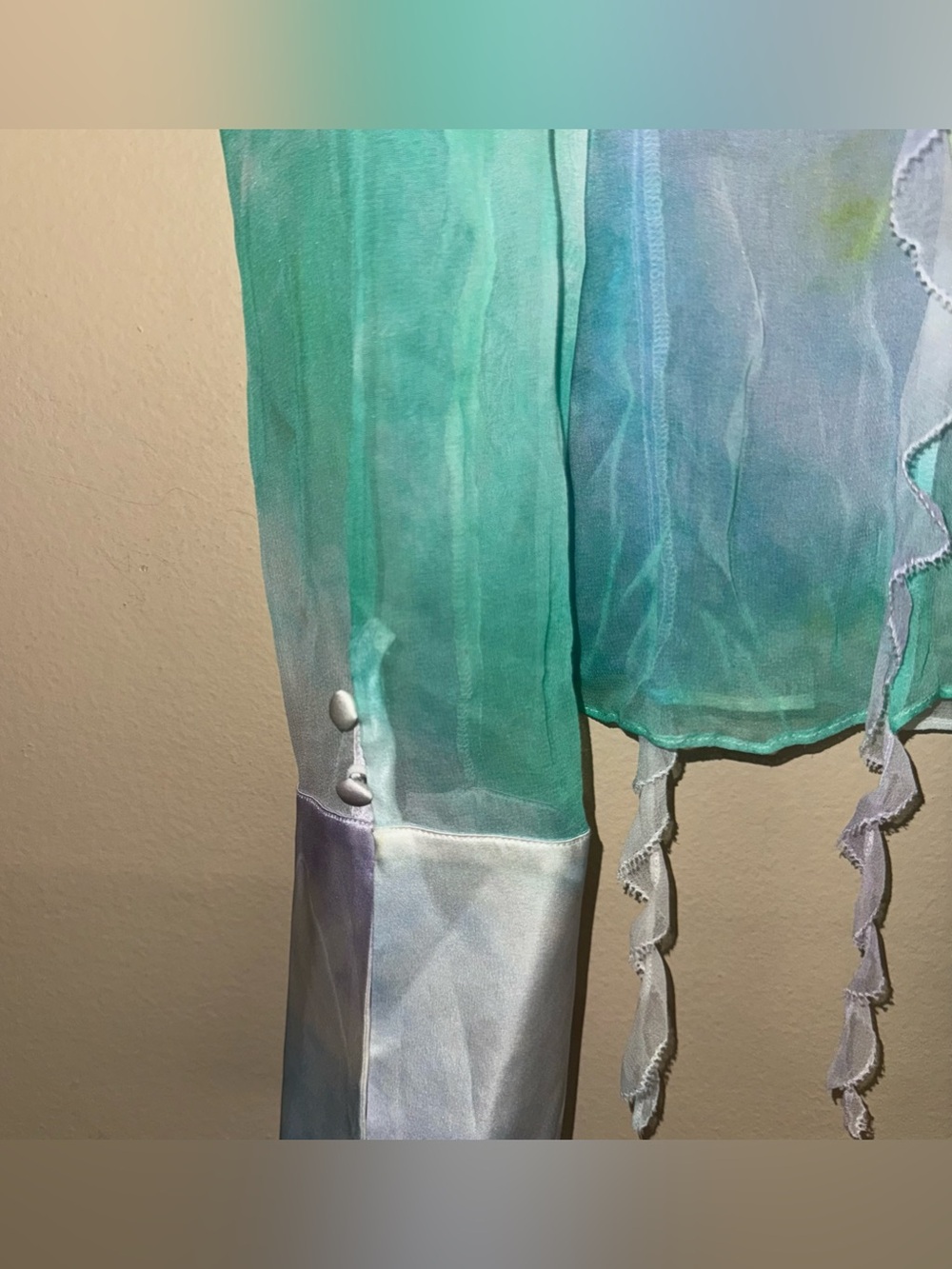 RETROFÊTE AVIVA SILK CHIFFON BLOUSE Watercolor Wave Tie Front Sheer Size L - Picture 5 of 14